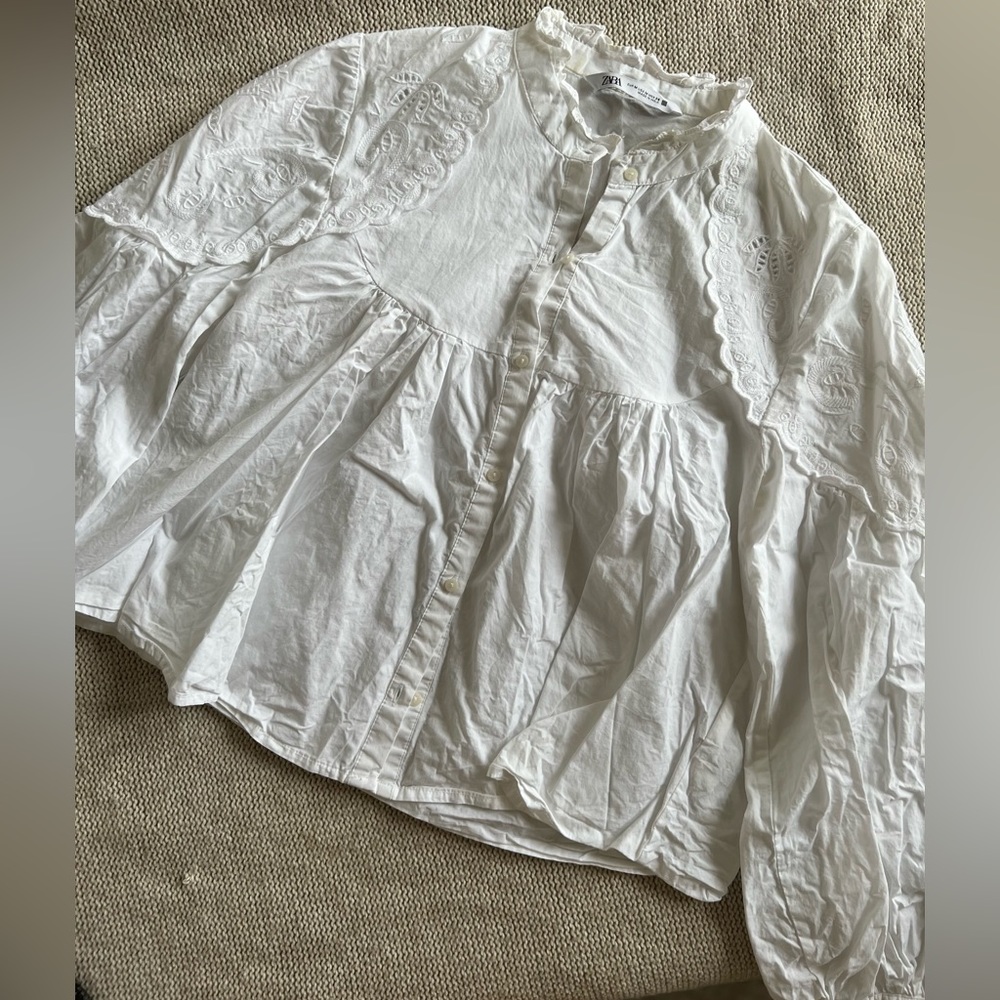 Zara white blouse | Embroidered white shirt, dainty white blouse with buttons